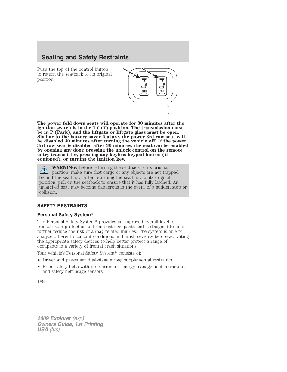 Safety restraints, Personal safety system, Seating and safety restraints | FORD 2009 Explorer v.1 User Manual | Page 188 / 407
