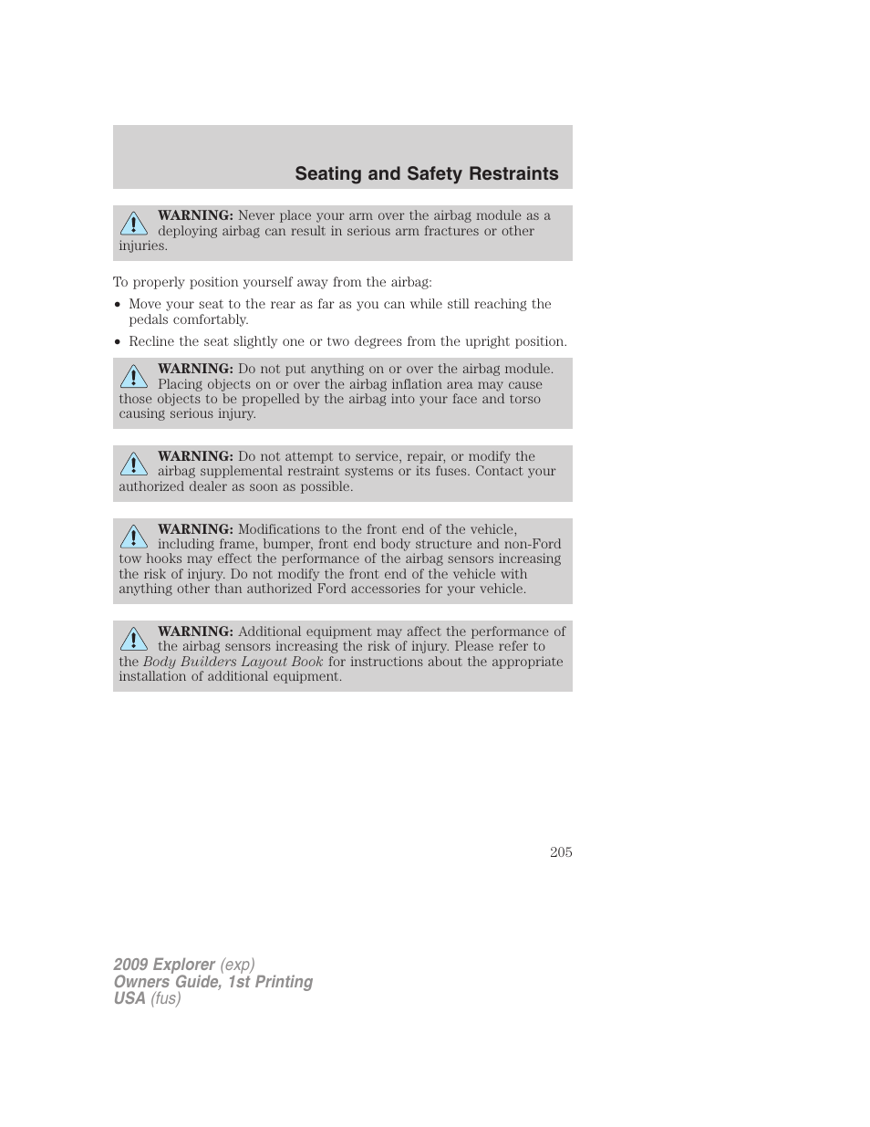 Seating and safety restraints | FORD 2009 Explorer v.1 User Manual | Page 205 / 407