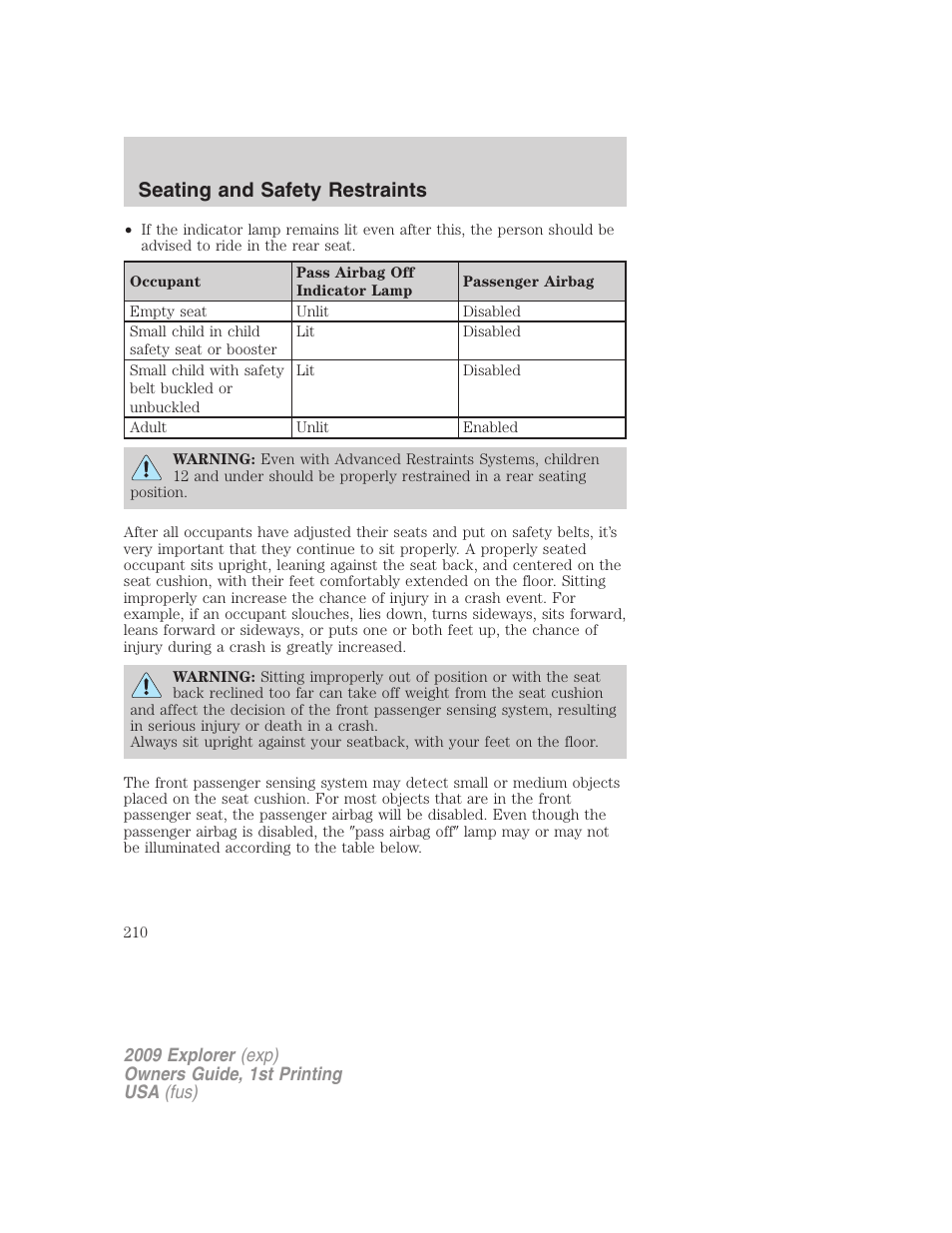 Seating and safety restraints | FORD 2009 Explorer v.1 User Manual | Page 210 / 407