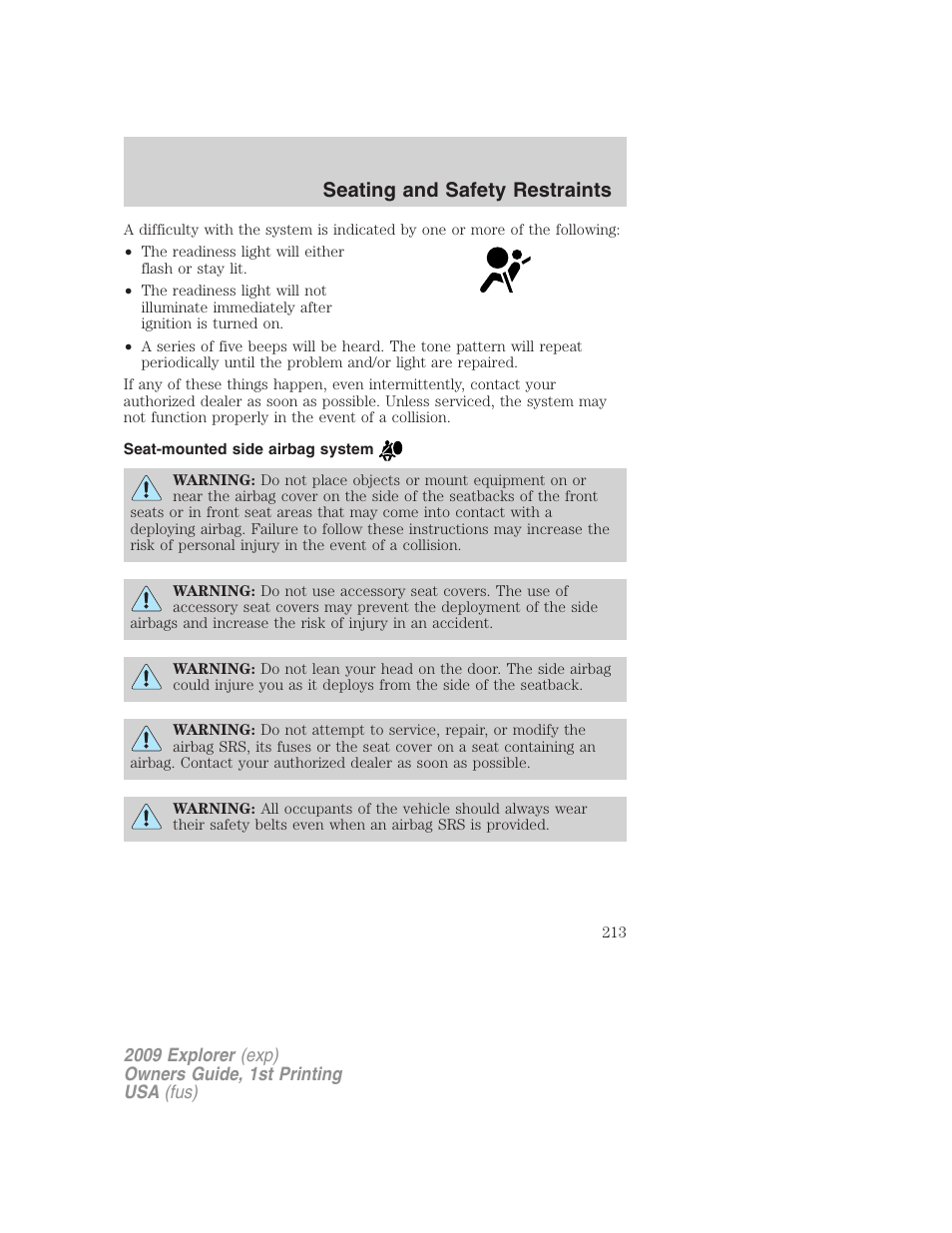 Seat-mounted side airbag system, Seating and safety restraints | FORD 2009 Explorer v.1 User Manual | Page 213 / 407