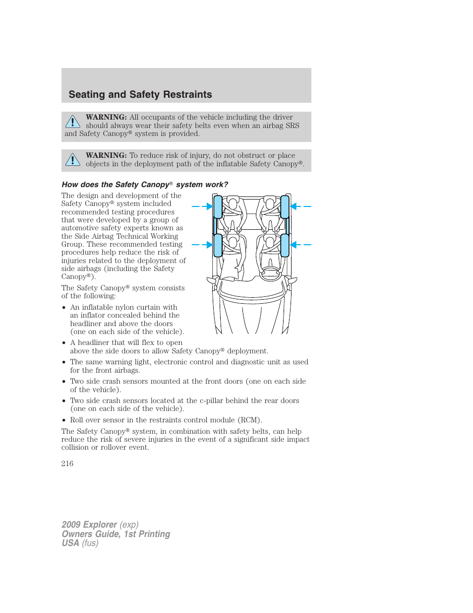 How does the safety canopy system work, Seating and safety restraints | FORD 2009 Explorer v.1 User Manual | Page 216 / 407