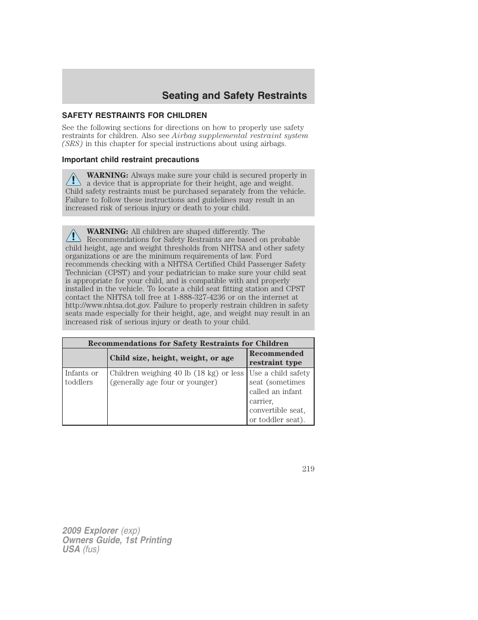 Safety restraints for children, Important child restraint precautions, Child restraints | Seating and safety restraints | FORD 2009 Explorer v.1 User Manual | Page 219 / 407