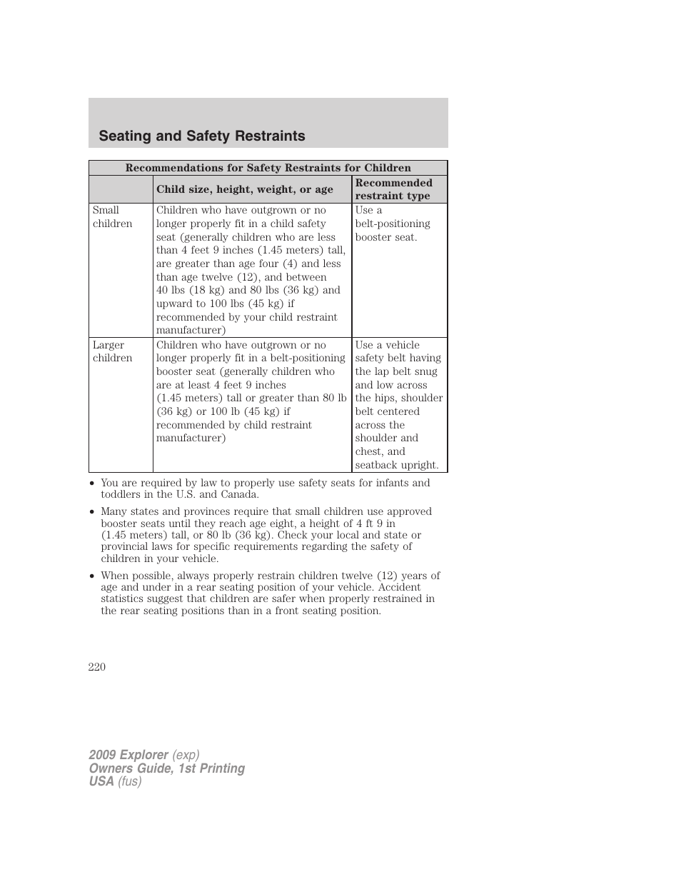 Seating and safety restraints | FORD 2009 Explorer v.1 User Manual | Page 220 / 407