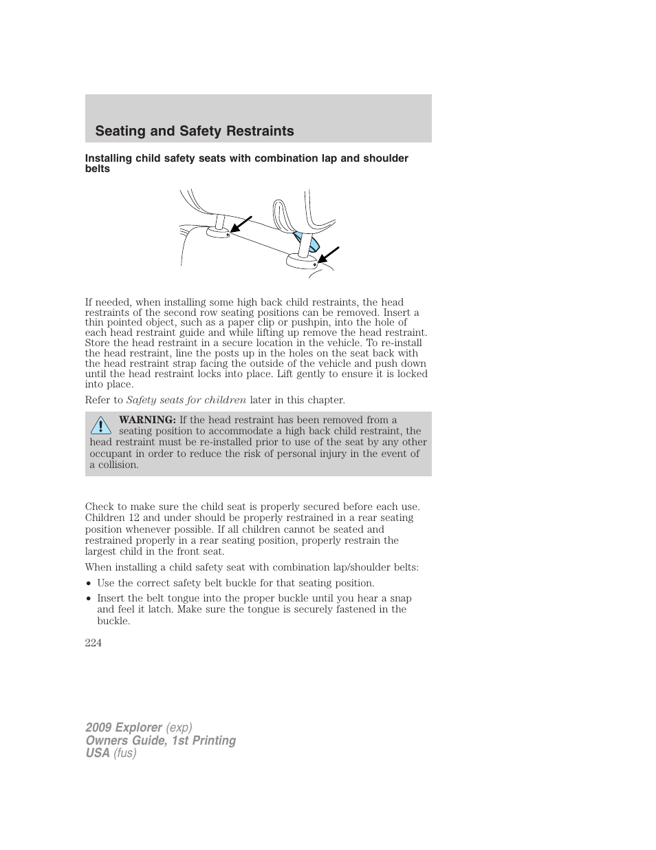 Seating and safety restraints | FORD 2009 Explorer v.1 User Manual | Page 224 / 407