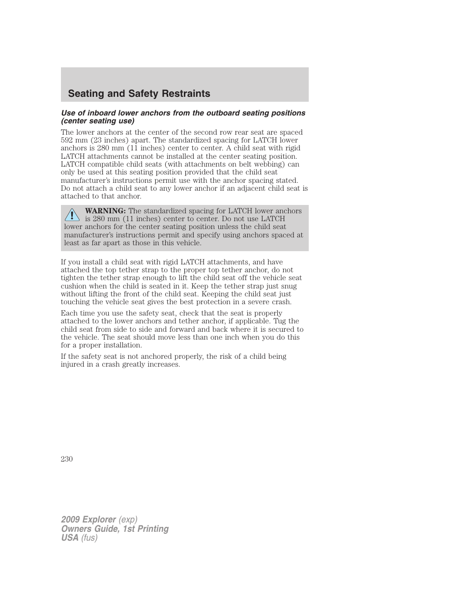 Seating and safety restraints | FORD 2009 Explorer v.1 User Manual | Page 230 / 407