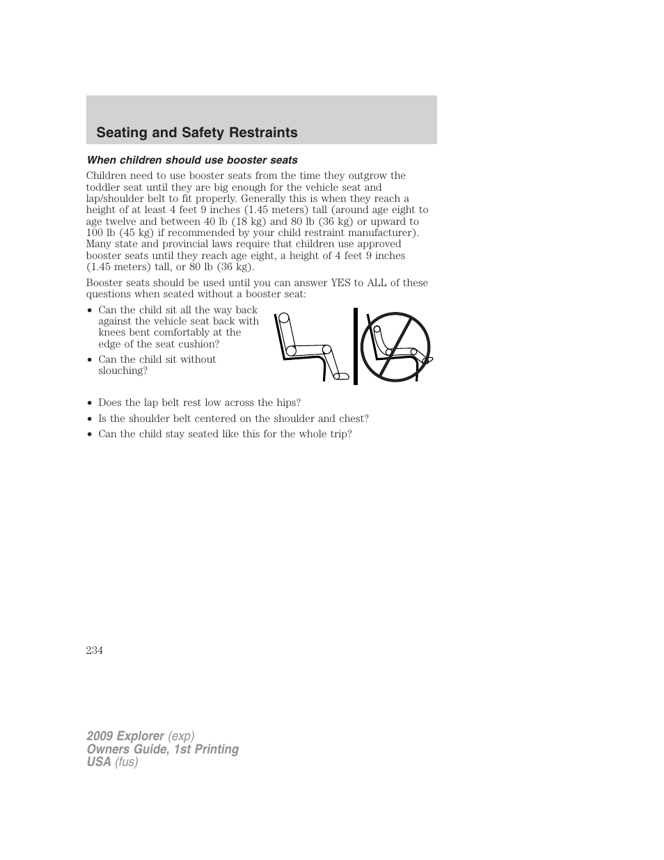 When children should use booster seats, Seating and safety restraints | FORD 2009 Explorer v.1 User Manual | Page 234 / 407