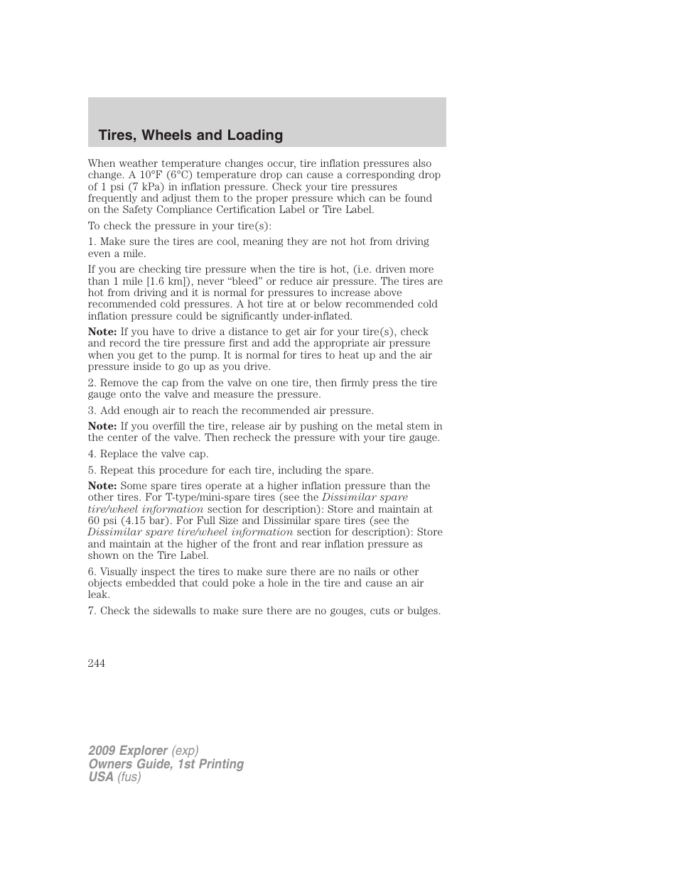 Tires, wheels and loading | FORD 2009 Explorer v.1 User Manual | Page 244 / 407