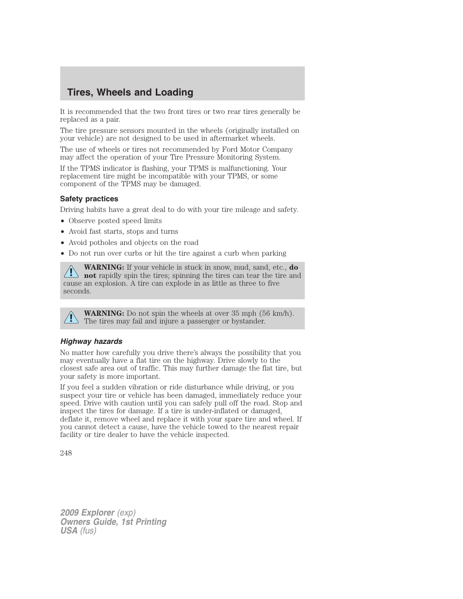 Safety practices, Highway hazards, Tires, wheels and loading | FORD 2009 Explorer v.1 User Manual | Page 248 / 407