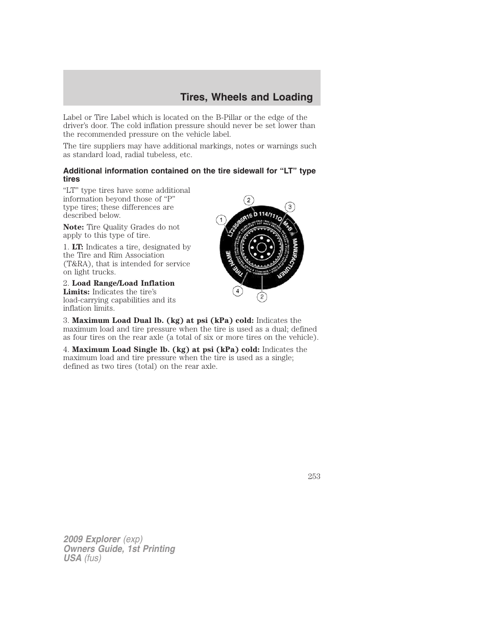 Tires, wheels and loading | FORD 2009 Explorer v.1 User Manual | Page 253 / 407