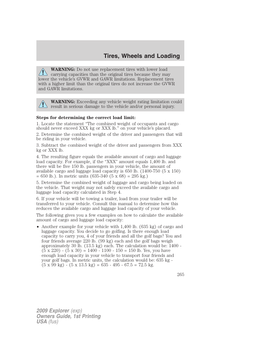 Tires, wheels and loading | FORD 2009 Explorer v.1 User Manual | Page 265 / 407