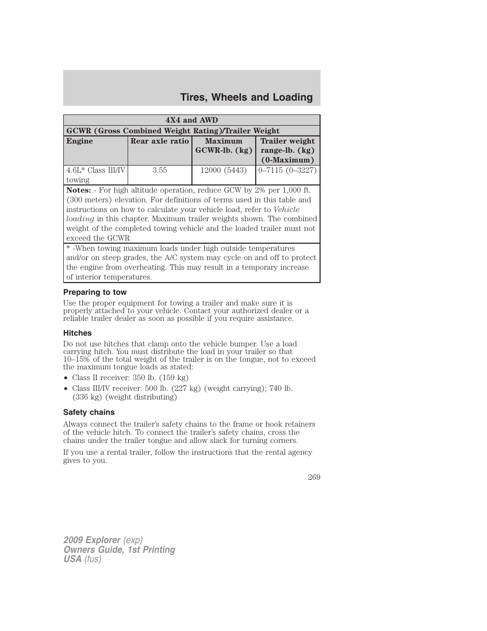 Preparing to tow, Hitches, Safety chains | Tires, wheels and loading | FORD 2009 Explorer v.1 User Manual | Page 269 / 407