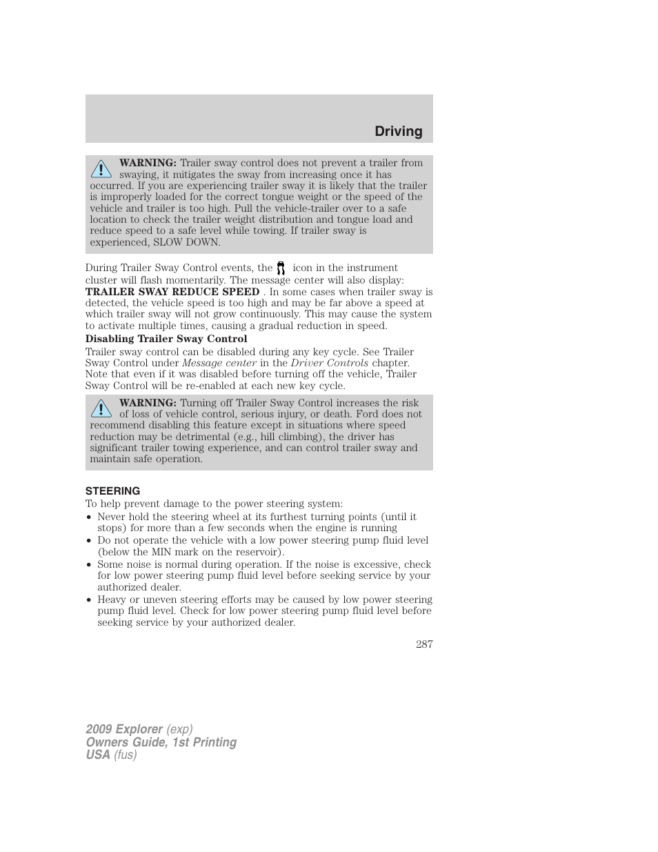 Steering, Driving | FORD 2009 Explorer v.1 User Manual | Page 287 / 407