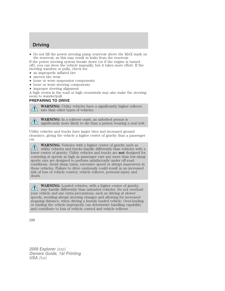 Preparing to drive, Driving | FORD 2009 Explorer v.1 User Manual | Page 288 / 407