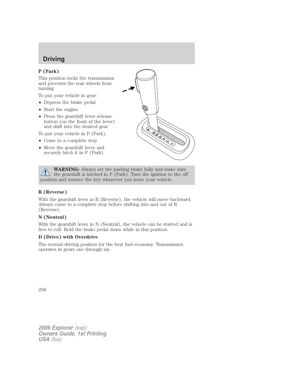 Driving | FORD 2009 Explorer v.1 User Manual | Page 294 / 407