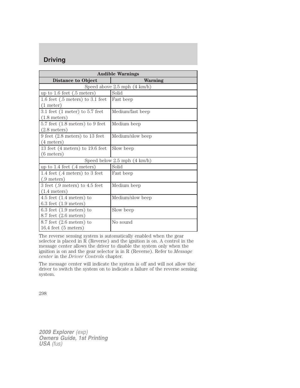 Driving | FORD 2009 Explorer v.1 User Manual | Page 298 / 407