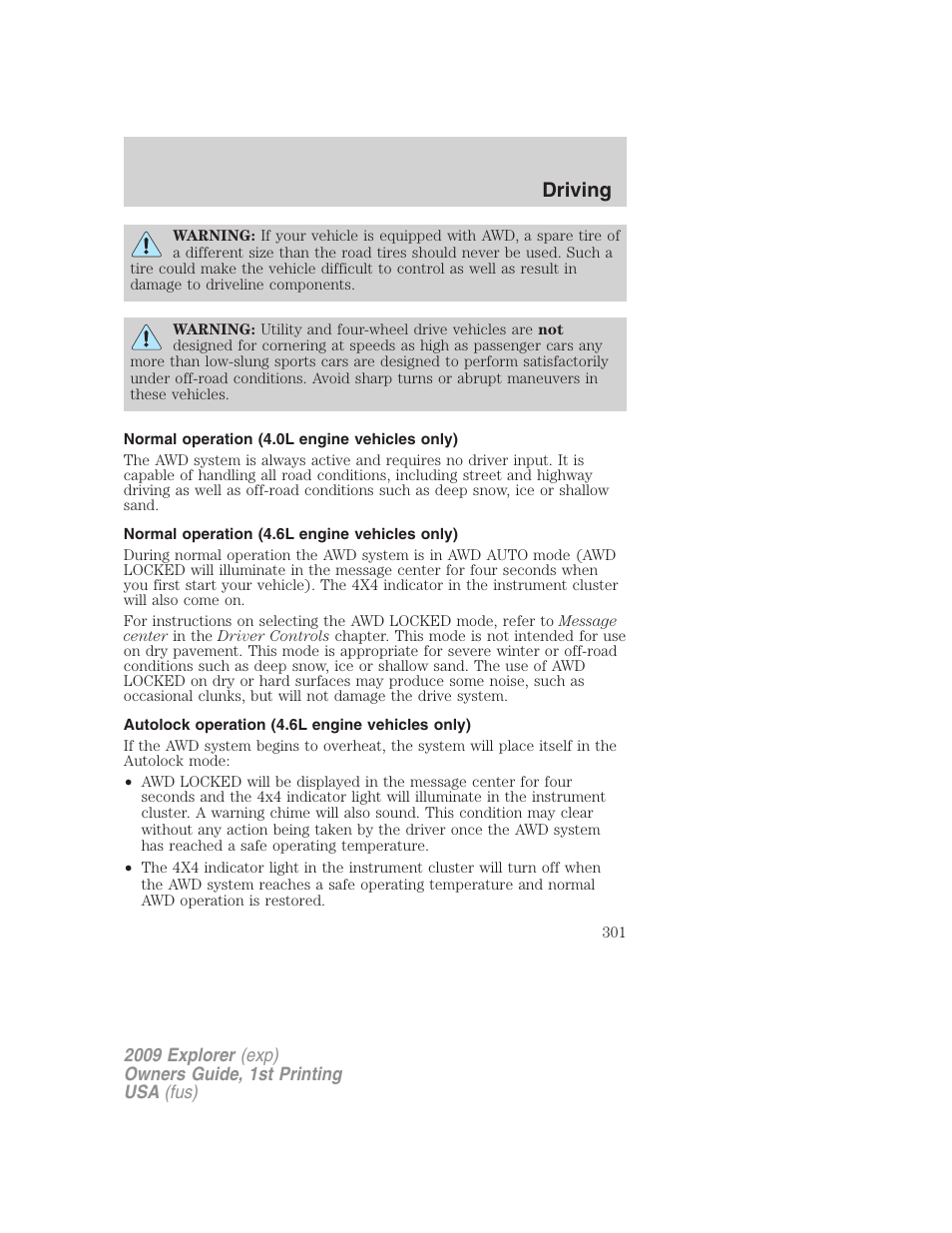 Normal operation (4.0l engine vehicles only), Normal operation (4.6l engine vehicles only), Autolock operation (4.6l engine vehicles only) | Driving | FORD 2009 Explorer v.1 User Manual | Page 301 / 407