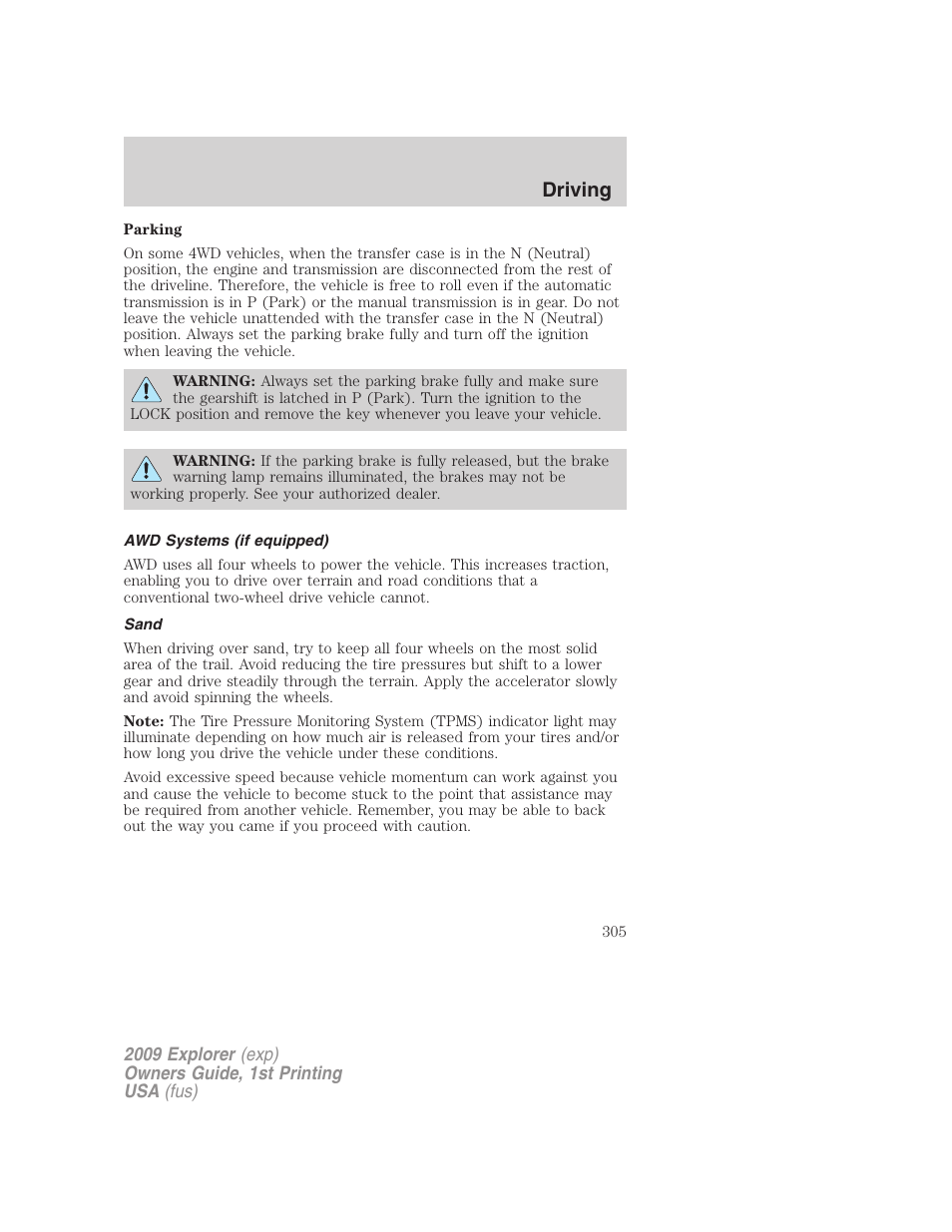 Awd systems (if equipped), Sand, Driving | FORD 2009 Explorer v.1 User Manual | Page 305 / 407