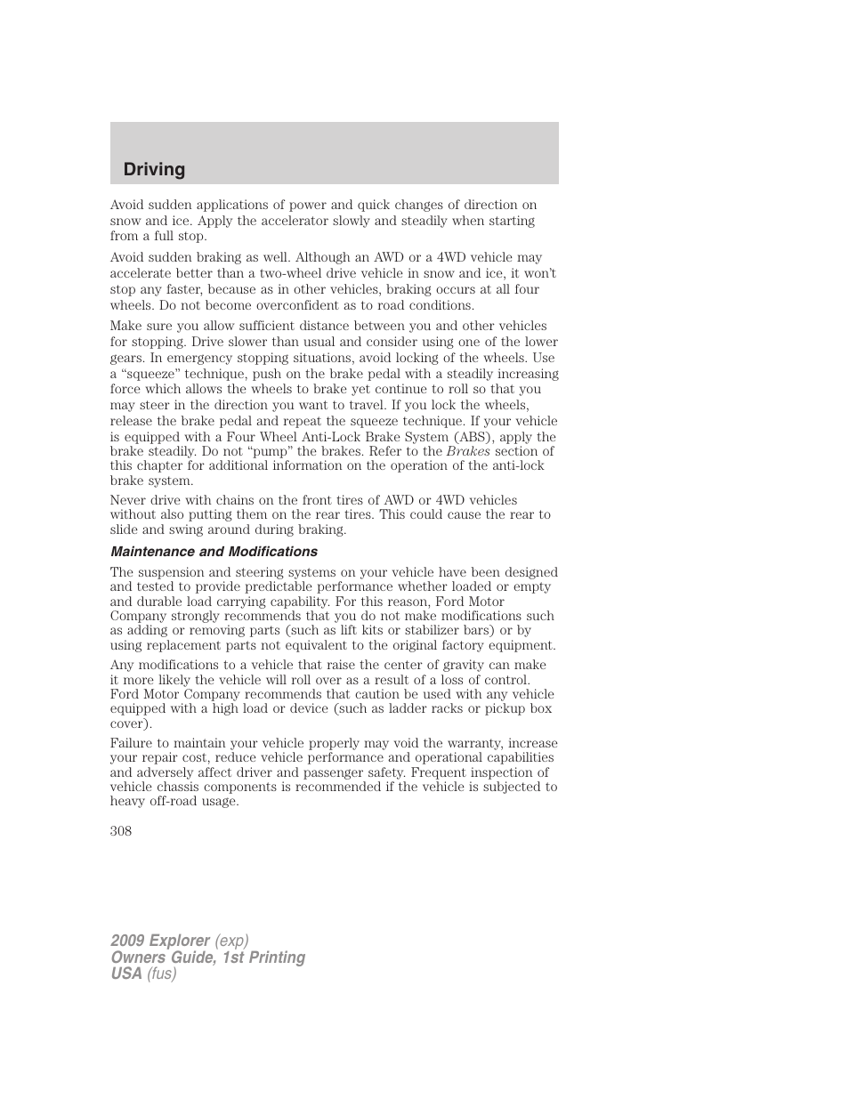 Maintenance and modifications, Driving | FORD 2009 Explorer v.1 User Manual | Page 308 / 407