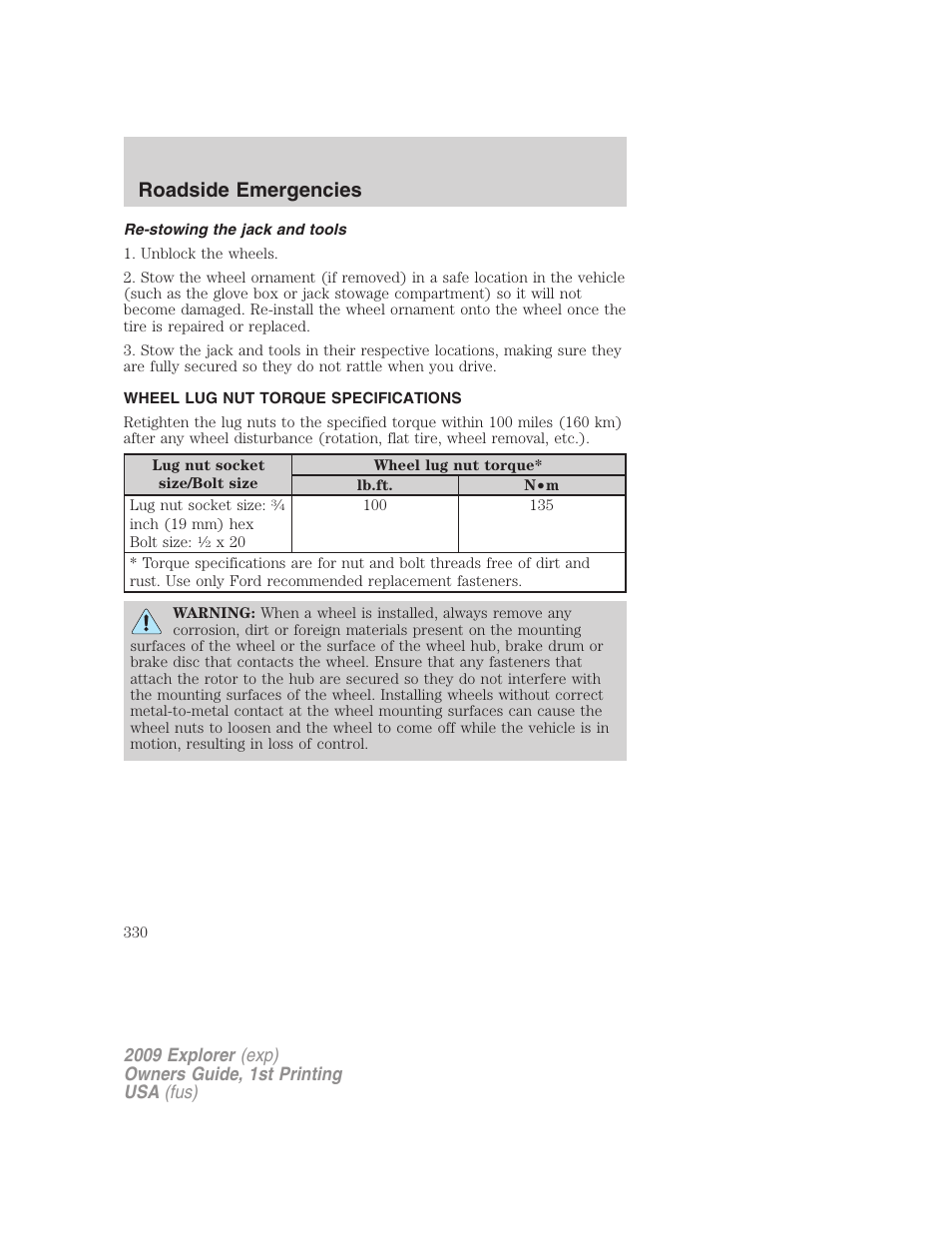 Re-stowing the jack and tools, Wheel lug nut torque specifications, Wheel lug nut torque | Roadside emergencies | FORD 2009 Explorer v.1 User Manual | Page 330 / 407