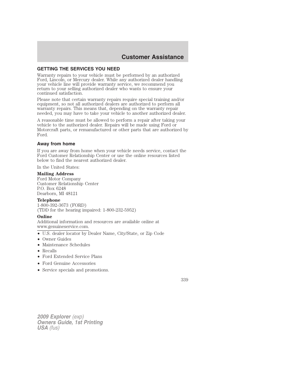 Customer assistance, Getting the services you need, Away from home | FORD 2009 Explorer v.1 User Manual | Page 339 / 407