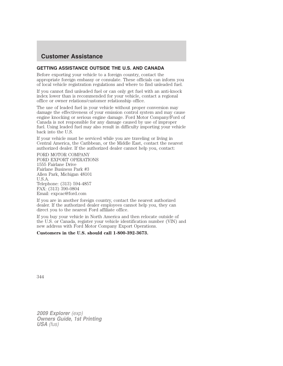 Getting assistance outside the u.s. and canada, Customer assistance | FORD 2009 Explorer v.1 User Manual | Page 344 / 407