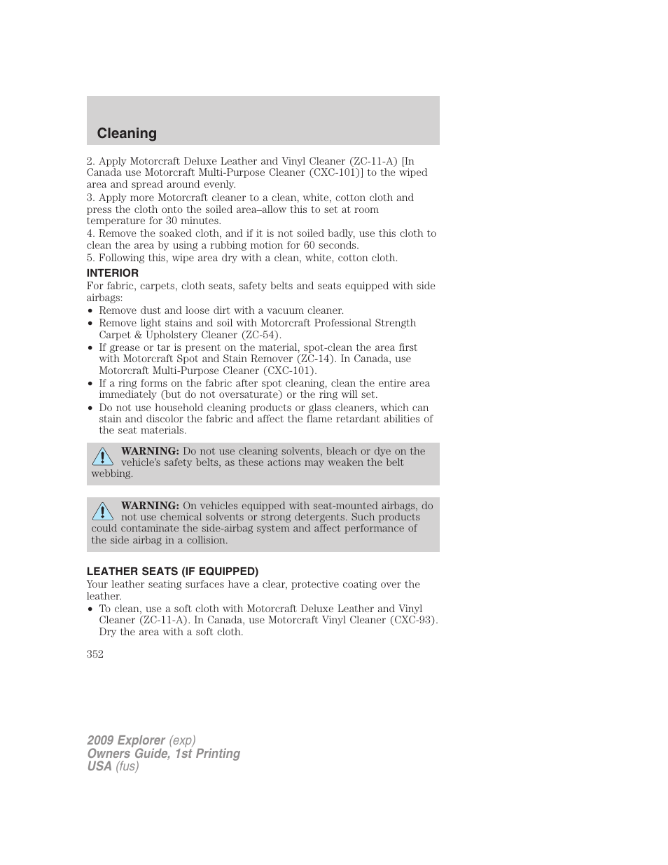 Interior, Leather seats (if equipped), Cleaning | FORD 2009 Explorer v.1 User Manual | Page 352 / 407