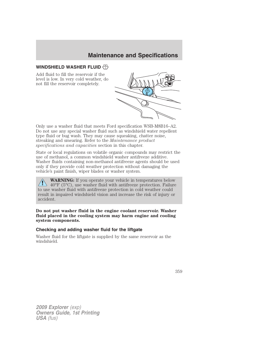 Windshield washer fluid, Checking and adding washer fluid for the liftgate, Maintenance and specifications | FORD 2009 Explorer v.1 User Manual | Page 359 / 407