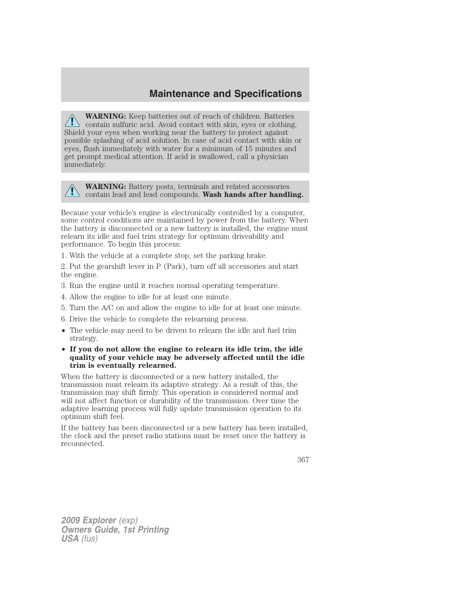Maintenance and specifications | FORD 2009 Explorer v.1 User Manual | Page 367 / 407