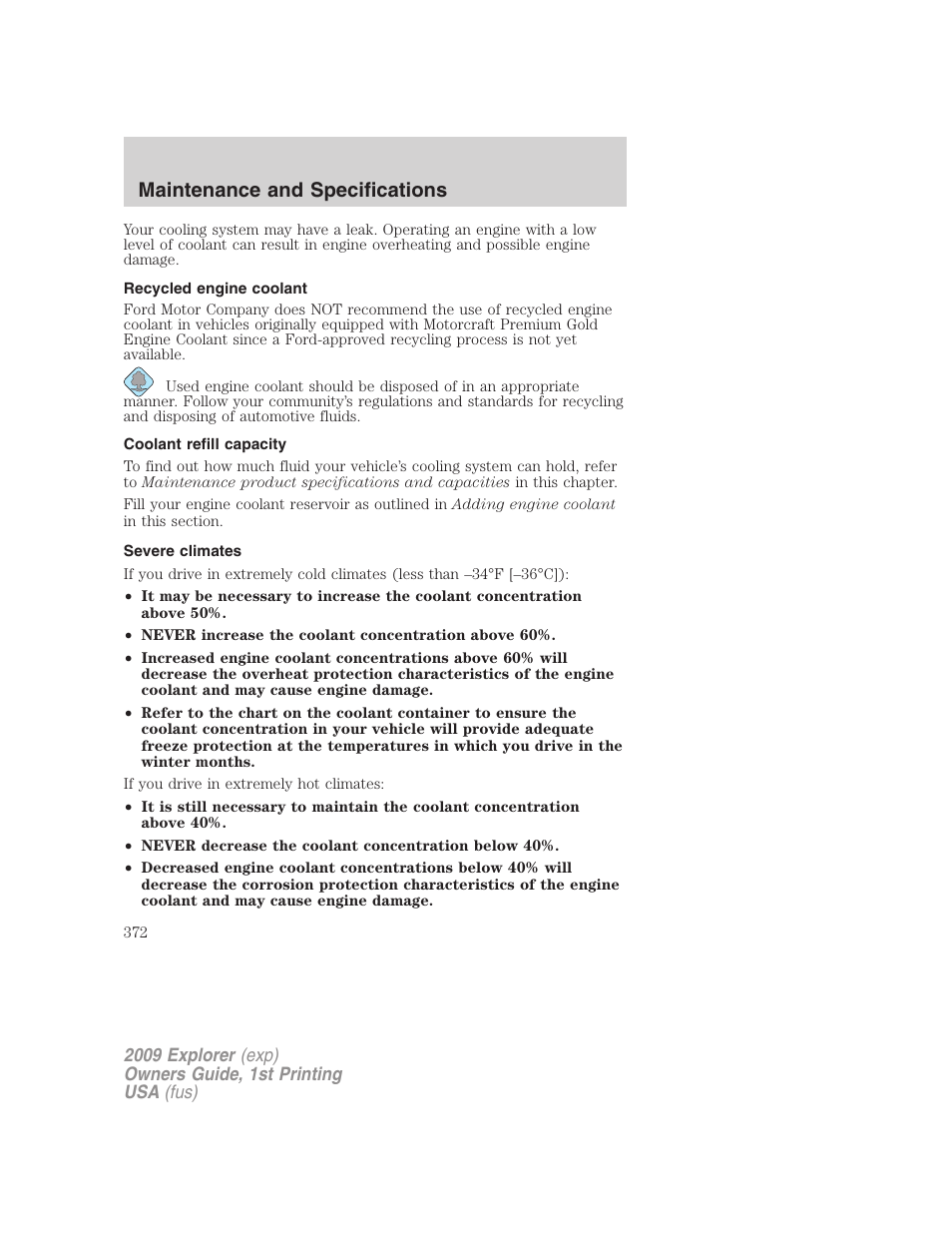 Recycled engine coolant, Coolant refill capacity, Severe climates | Maintenance and specifications | FORD 2009 Explorer v.1 User Manual | Page 372 / 407