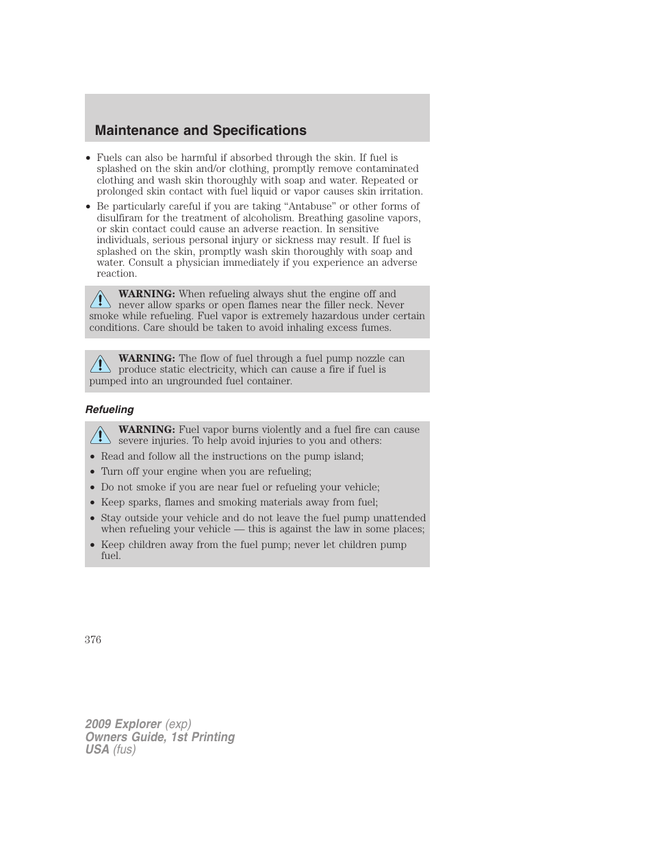 Refueling, Maintenance and specifications | FORD 2009 Explorer v.1 User Manual | Page 376 / 407