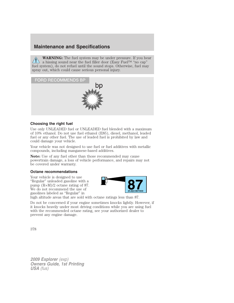 Choosing the right fuel, Octane recommendations | FORD 2009 Explorer v.1 User Manual | Page 378 / 407