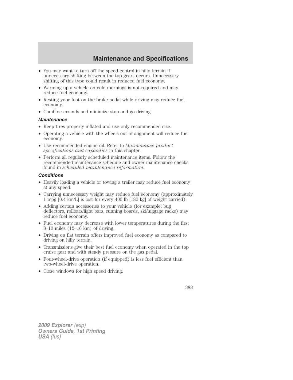 Maintenance, Conditions, Maintenance and specifications | FORD 2009 Explorer v.1 User Manual | Page 383 / 407