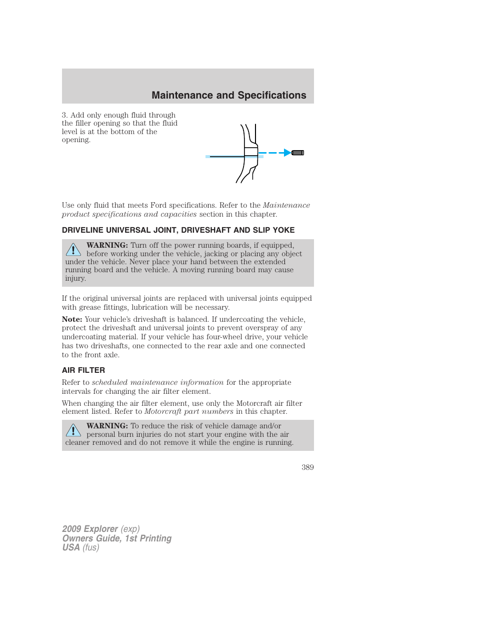 Air filter, Air filter(s), Maintenance and specifications | FORD 2009 Explorer v.1 User Manual | Page 389 / 407