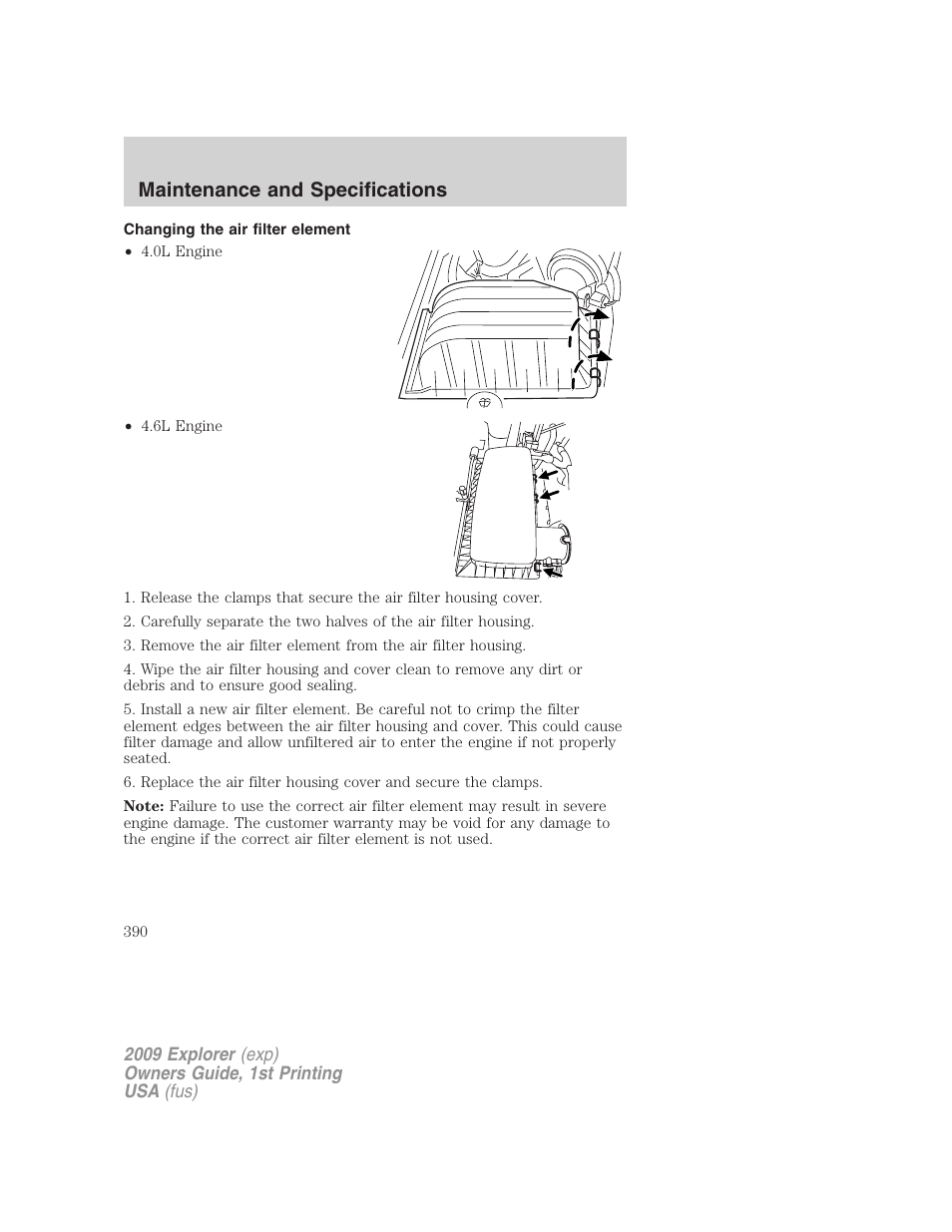 Changing the air filter element, Maintenance and specifications | FORD 2009 Explorer v.1 User Manual | Page 390 / 407