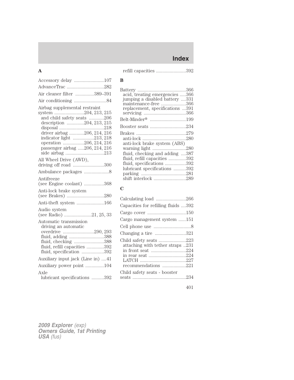 Index | FORD 2009 Explorer v.1 User Manual | Page 401 / 407