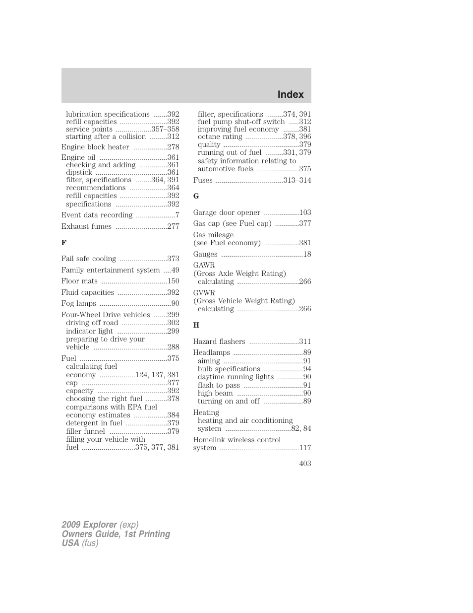 Index | FORD 2009 Explorer v.1 User Manual | Page 403 / 407