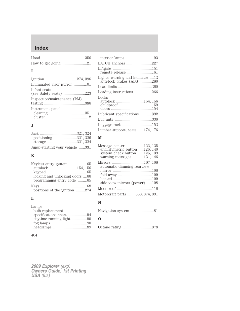 Index | FORD 2009 Explorer v.1 User Manual | Page 404 / 407