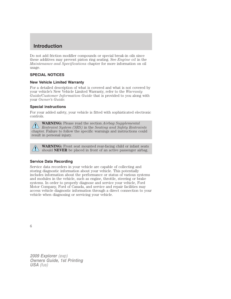 Special notices, New vehicle limited warranty, Special instructions | Service data recording, Introduction | FORD 2009 Explorer v.1 User Manual | Page 6 / 407
