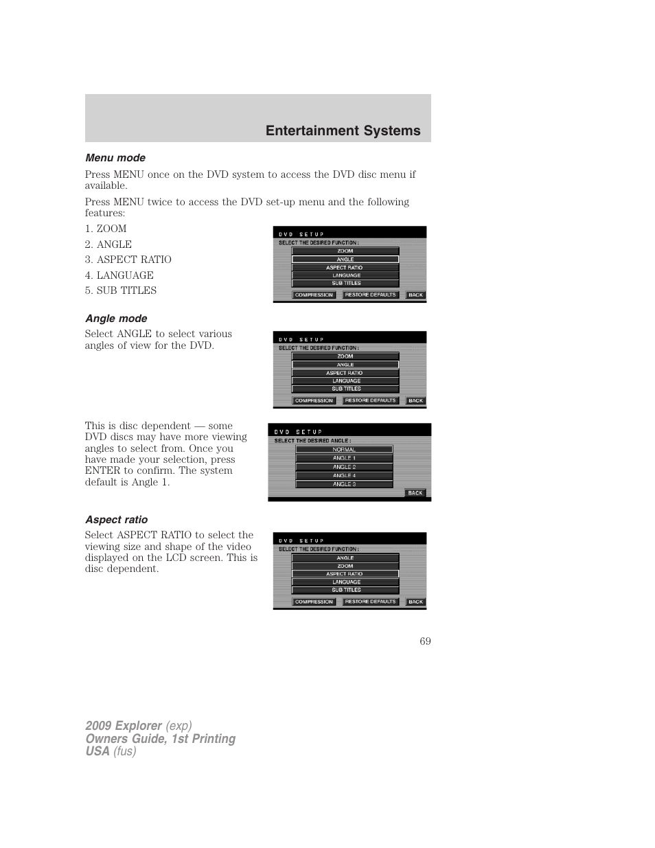 Menu mode, Angle mode, Aspect ratio | Entertainment systems | FORD 2009 Explorer v.1 User Manual | Page 69 / 407