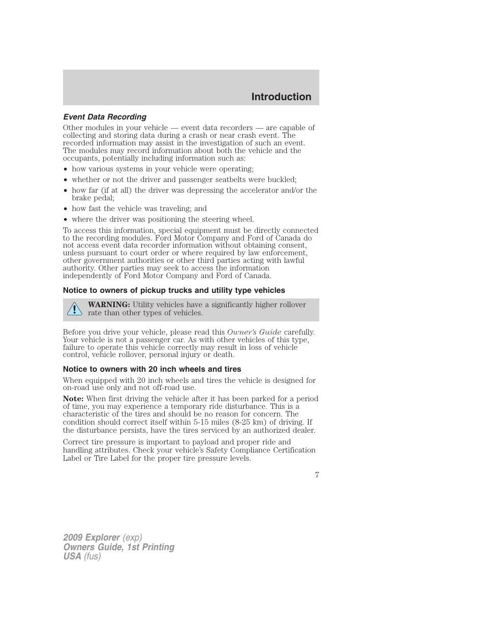 Event data recording, Notice to owners with 20 inch wheels and tires, Introduction | FORD 2009 Explorer v.1 User Manual | Page 7 / 407