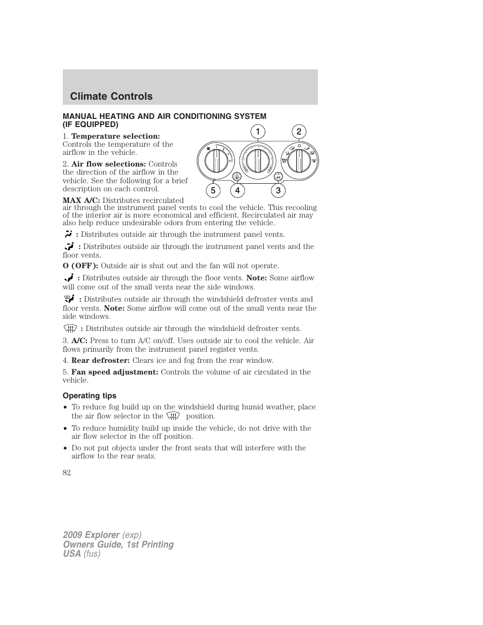 Climate controls, Operating tips, Manual heating and air conditioning | FORD 2009 Explorer v.1 User Manual | Page 82 / 407