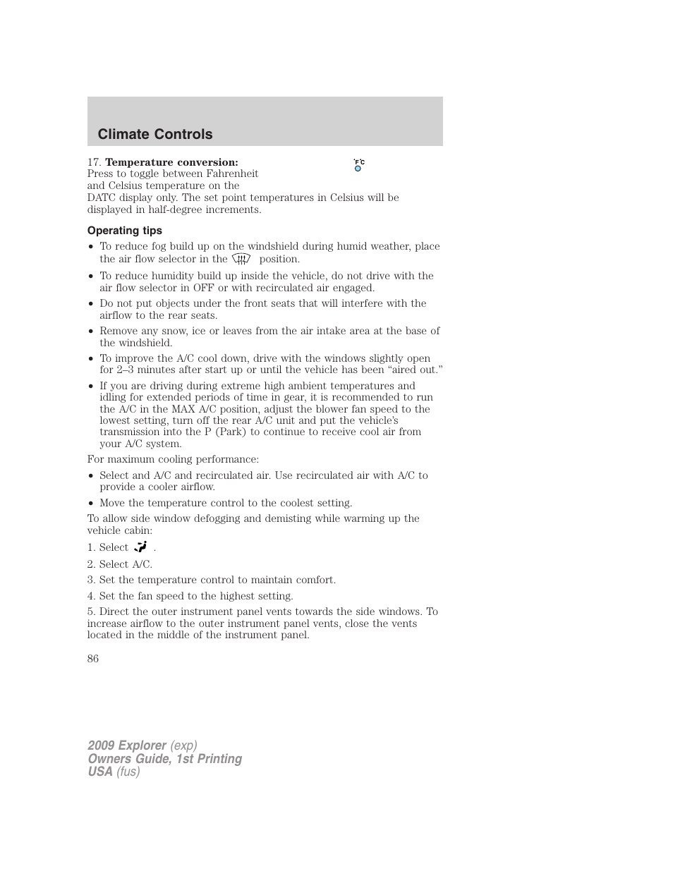 Operating tips, Climate controls | FORD 2009 Explorer v.1 User Manual | Page 86 / 407