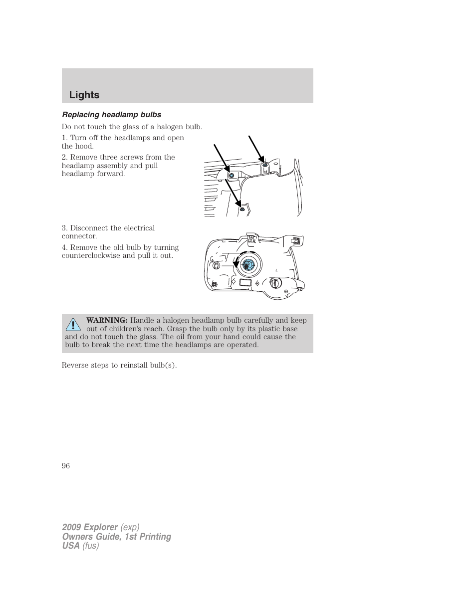 Replacing headlamp bulbs, Lights | FORD 2009 Explorer v.1 User Manual | Page 96 / 407