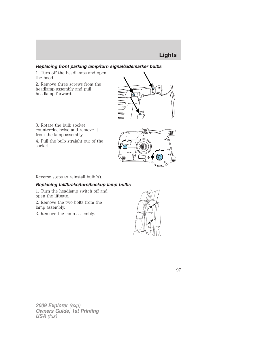 Replacing tail/brake/turn/backup lamp bulbs, Lights | FORD 2009 Explorer v.1 User Manual | Page 97 / 407