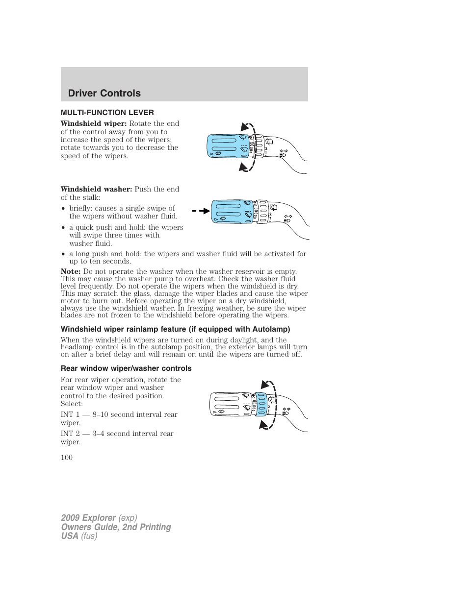 Driver controls, Multi-function lever, Rear window wiper/washer controls | Windshield wiper/washer control | FORD 2009 Explorer v.2 User Manual | Page 100 / 401