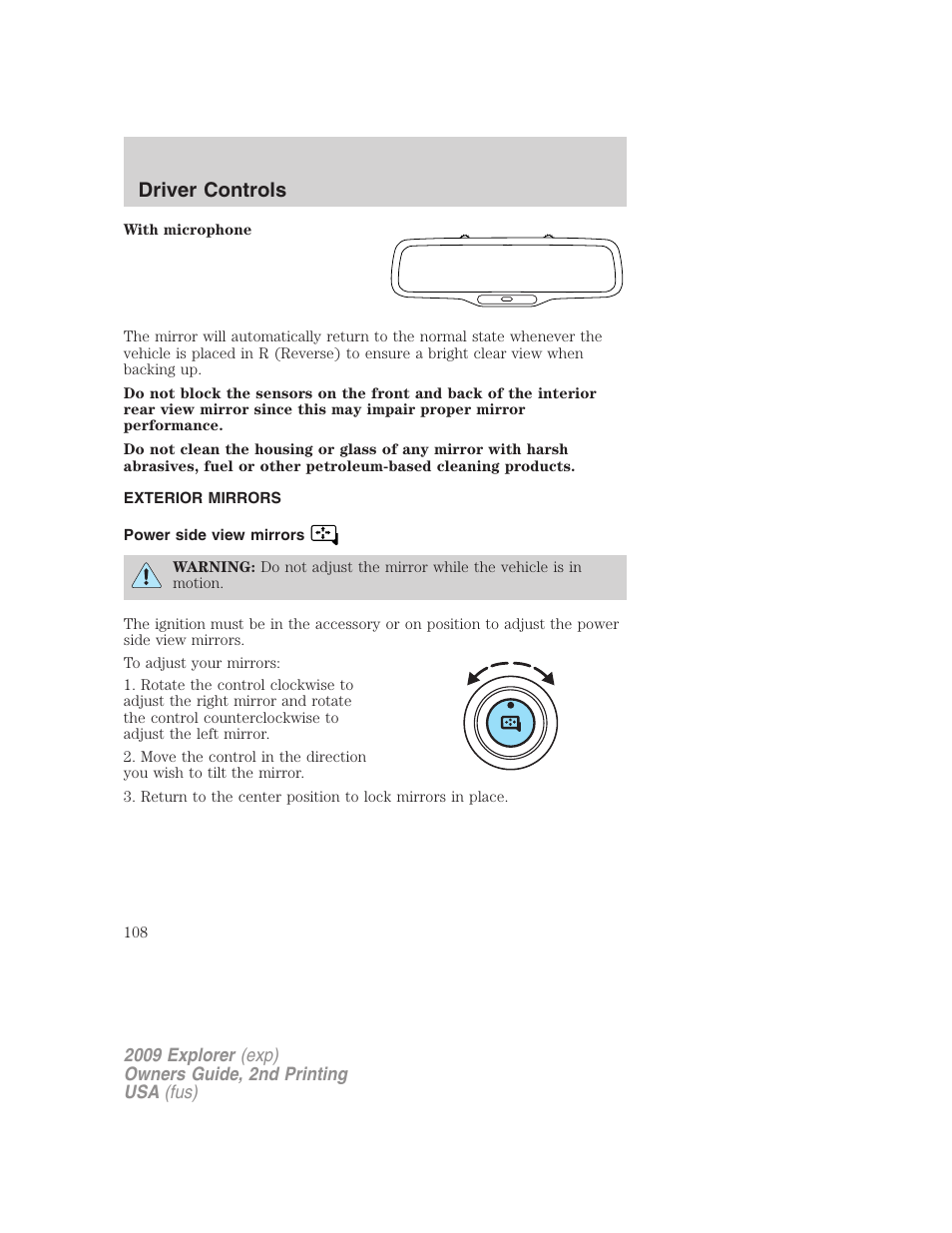 Exterior mirrors, Power side view mirrors, Driver controls | FORD 2009 Explorer v.2 User Manual | Page 108 / 401