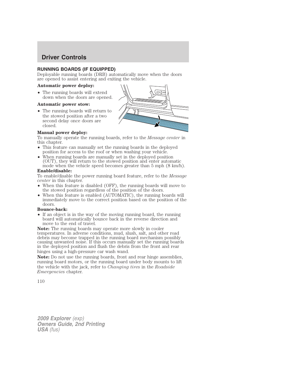 Running boards (if equipped), Driver controls | FORD 2009 Explorer v.2 User Manual | Page 110 / 401