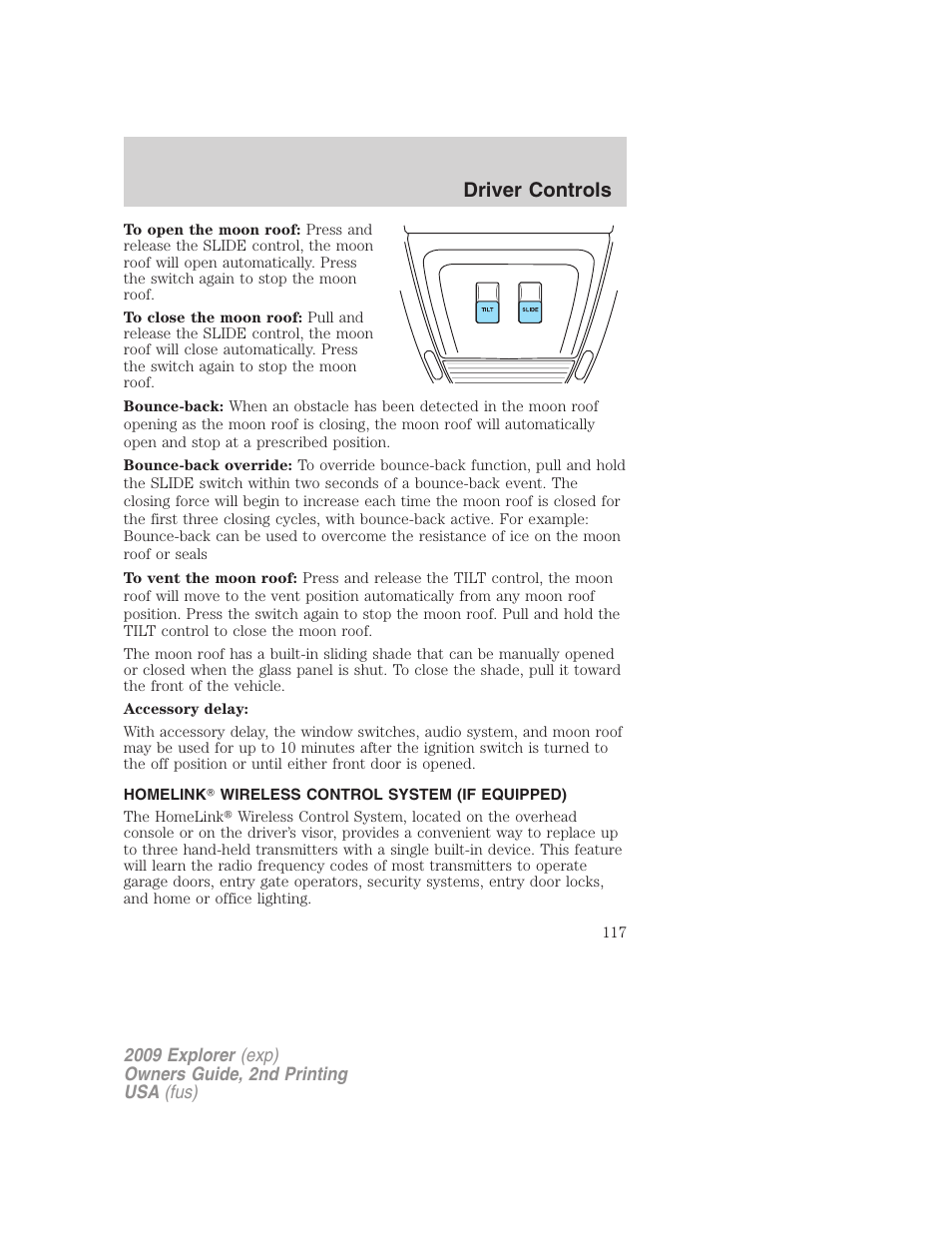 Homelink wireless control system (if equipped), Driver controls | FORD 2009 Explorer v.2 User Manual | Page 117 / 401