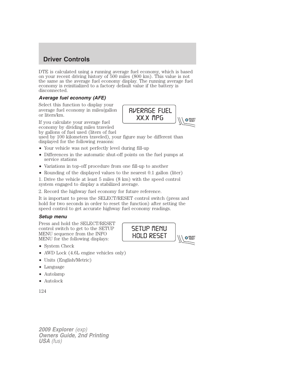 Average fuel economy (afe), Setup menu, Driver controls | FORD 2009 Explorer v.2 User Manual | Page 124 / 401