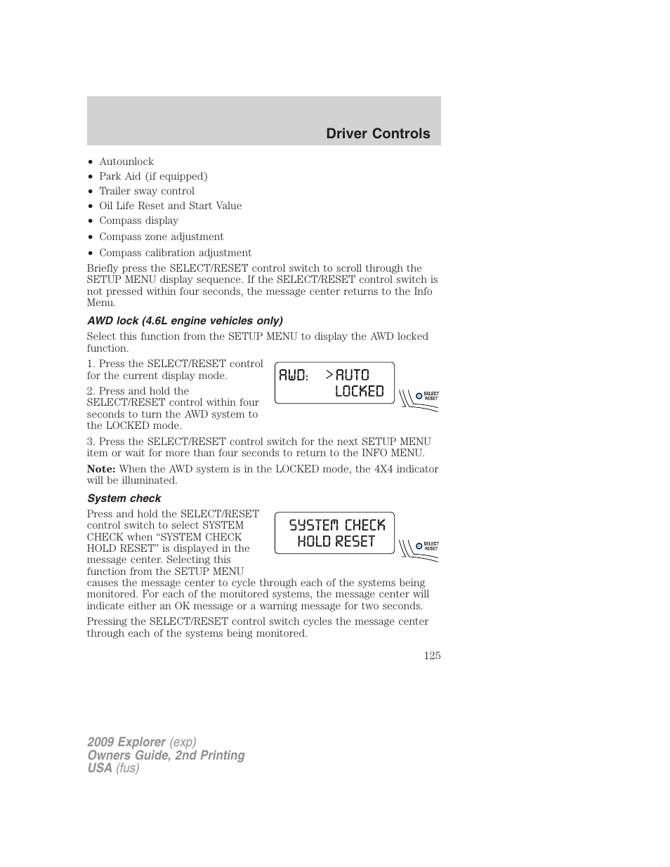 Awd lock (4.6l engine vehicles only), System check, Driver controls | FORD 2009 Explorer v.2 User Manual | Page 125 / 401
